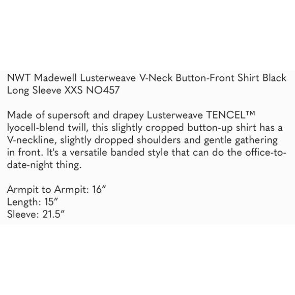 Madewell Black Lusterweave V-Neck Button Front Shirt NWT Size XXS - Picture 6 of 8